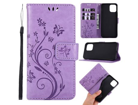 Carcasa PU polilla flor imprint roxo claro por Apple iPhone 12 Pro/Max 6.1