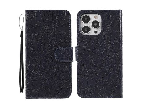 Funda PU patrón de renda y flores negro por iPhone 13 Pro 6.1