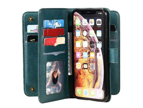 Funda PU + TPU slots por vários tarjetas a prueba de choques con suporte verde escuro por iPhone XS Max 6.5