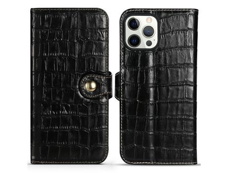 Funda de couro genuino textura de cocodrilo con suporte y botón magnético negro por iPhone 13 Pro 6.1