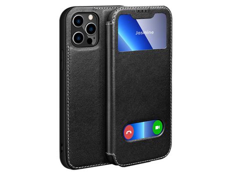 Funda de couro genuino janela de toque con suporte negro por iPhone 13 Pro Max 6.7