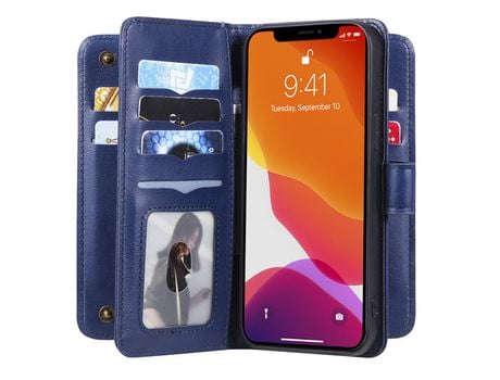 Funda PU + TPU porta-tarjetas anti-queda con suporte azul escuro por iPhone 13 Pro Max 6.7