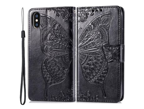 Funda PU patrón de mariposa y flor negro por iPhone XS Max 6.5