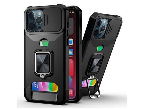 Funda TPU con suporte giratório híbrido de 360° y porta-tarjetas negro por iPhone 12 Pro Max 6.7