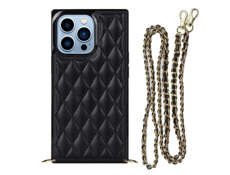 Funda TPU + PU patrón de grade de losango con bandolera de ombro negro por iPhone 13 Pro Max 6.7