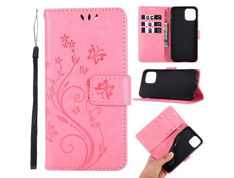 Carcasa PU polilla flor imprint rosa por Apple iPhone 12 Pro/Max 6.1