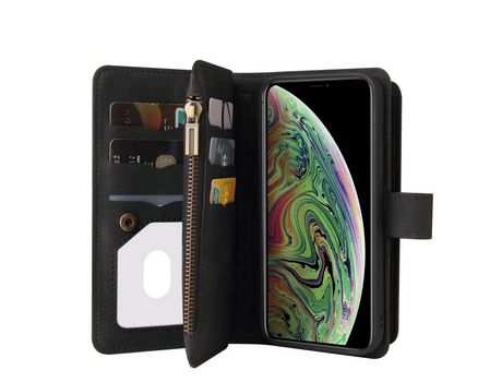 Funda PU + TPU con suporte porta-tarjetas y bolso con zíper negro por iPhone XS Max 6.5