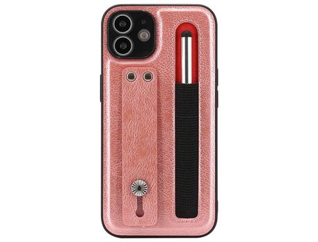 Funda TPU + PU con suporte de pontapé de correia de mano con ranhura por caneta rosa por iPhone 11 6.1