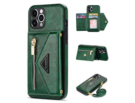 Funda PU N.BEKUS con suporte de pontapé bolso con Cerrar éclair y cable de segurança verde escuro por iPhone 12 Pro 6.1