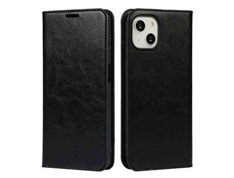 Funda de couro genuino textura de caballo Loco con suporte negro por iPhone 13 6.1