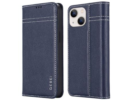 Funda de couro genuino textura de lichi con suporte azul y porta-tarjetas por iPhone 13 6.1