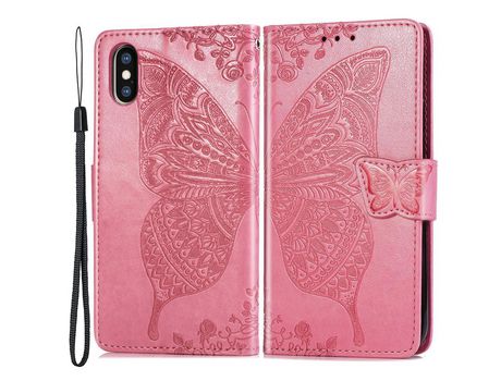 Funda PU patrón de mariposa y flor rosa por iPhone XS Max 6.5