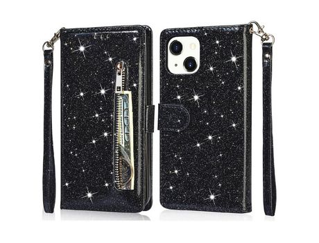 Funda PU + TPU Cerrar magnético bolso con zíper con suporte negro por iPhone 13 6.1