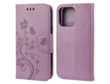 Funda PU + TPU flor y mariposa con suporte púrpura por iPhone 13 mini 5.4