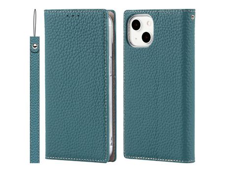Funda de couro genuino lichia listrada antirriscos con pé azul claro por iPhone 13 6.1