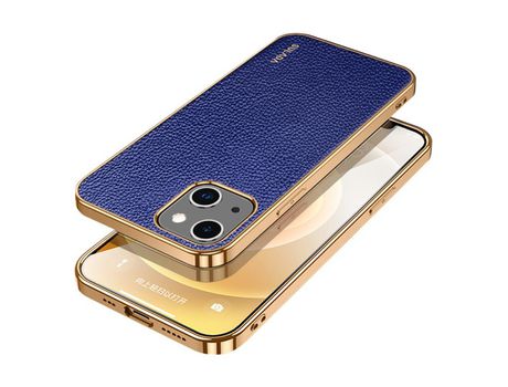 Funda TPU + PU SULADA Anti-lágrimas textura rígida de lichia azul galvanizado por iPhone 13 mini 5.4