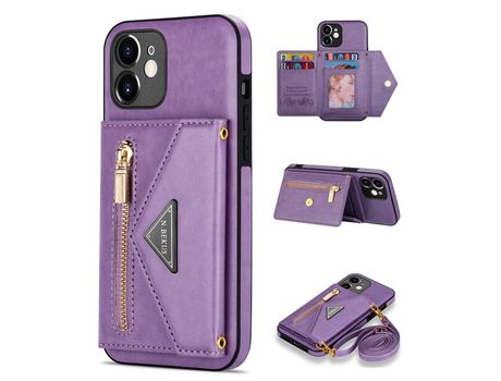 Funda PU N.BEKUS a prueba de choques con suporte de pontapé y bolso con Cerrar éclair púrpura por iPhone 12 6.1