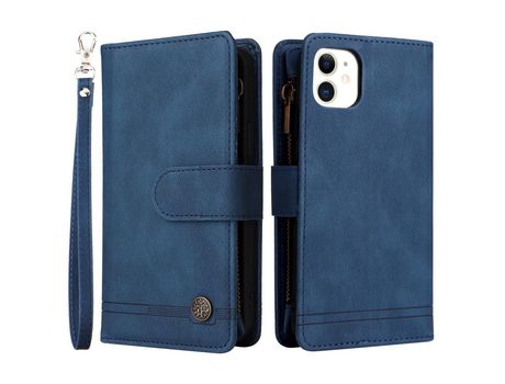Funda PU patrón de árbol con ranhuras por tarjetas y bolso con Cerrar de correr azul por iPhone 11 6.1