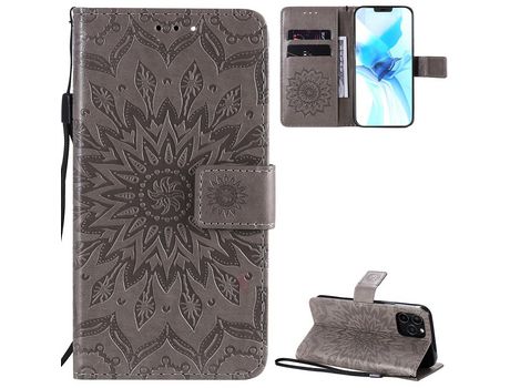 Carcasa PU con impresión de patrón de girassol con apoyo Gris por Apple iPhone 12/12 Pro