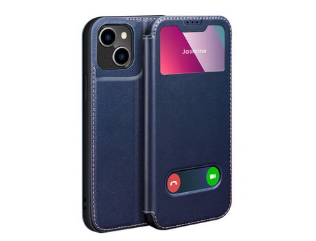 Funda de couro genuino Anti-lágrimas Ocupación de janela de visualización con fundo azul por iPhone 13 mini 5.4