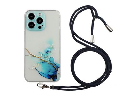 Funda TPU patrón de mármol en relevo flexível con cable ajustável azul longo por iPhone 13 Pro 6.1