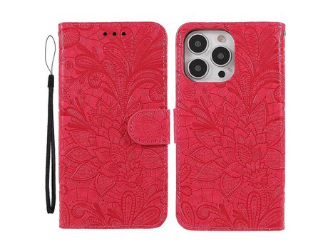 Funda PU patrón de renda y flores rojo por iPhone 13 Pro 6.1