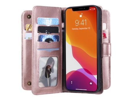 Funda PU + TPU porta-tarjetas anti-queda con suporte en ouro rosa por iPhone 13 Pro Max 6.7