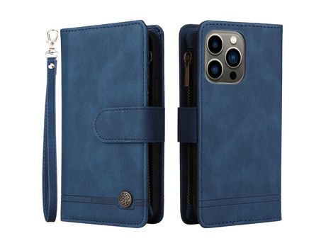 Funda PU patrón de listras con ranhuras por tarjetas y bolso con Cerrar de correr azul por iPhone 13 Pro 6.1