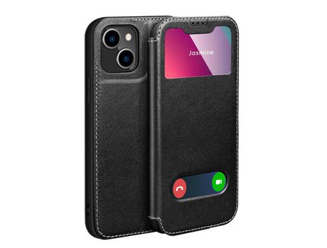 Funda de couro genuino a prueba de choques Ocupación de janela de visão con suporte negro por iPhone 13 6.1