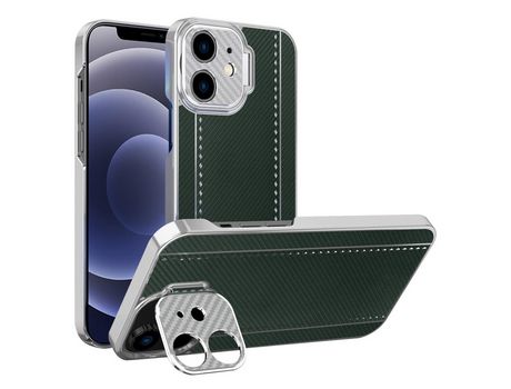 Funda TPU + PU textura de kevlar y fibra de carbono Anti-lágrimas galvanoplastia con muleta verde por iPhone 12 mini 5.4