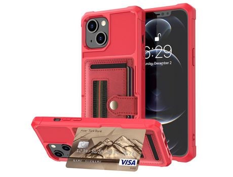 Funda TPU + PU con ranhura por tarjeta y tira elástica por os dedos rojo por iPhone 13 mini 5.4