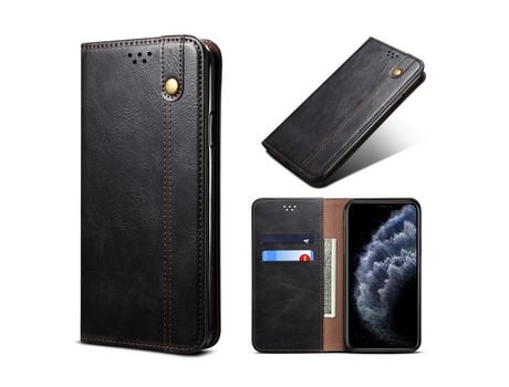 Carcasa PU textura de caballo louco cerosa auto-absorvida negro por Apple iPhone XR