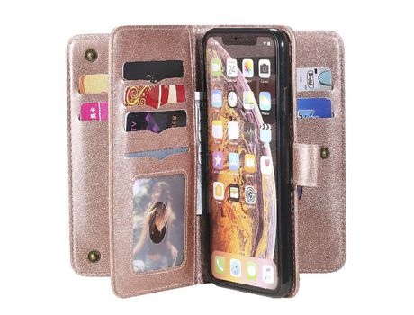 Funda PU + TPU slots por vários tarjetas a prueba de choques con suporte en ouro rosa por iPhone XS Max 6.5