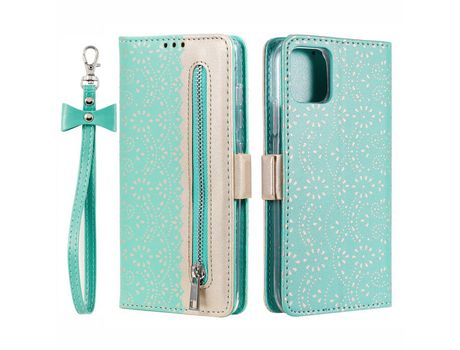 Funda PU + TPU anti-queda renda con zíper verde por iPhone 13 mini 5.4