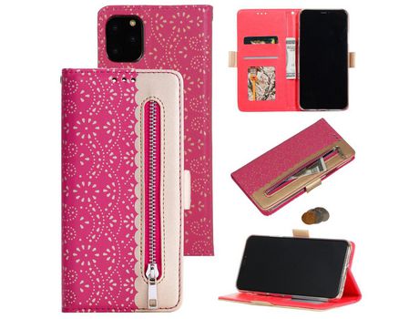 Carcasa PU pocket zipper flor rendas rosa por Apple iPhone 12 Pro/12 Max 6.1