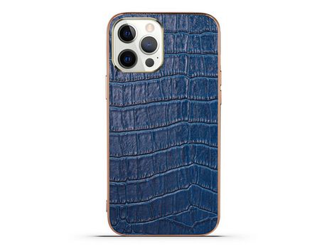 Funda TPU + couro genuino textura de cocodrilo galvanizado azul anti-queda por iPhone 13 Pro 6.1