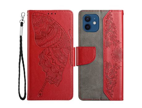 Funda PU patrón de mariposa y flor rojo por iPhone 12/12 Pro 6.1