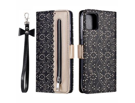 Funda PU + TPU flor de renda con zíper con suporte negro por iPhone 13 Pro Max 6.7