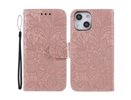 Funda PU patrón de renda y flores Cerrar magnético ouro rosa por iPhone 13 mini 5.4