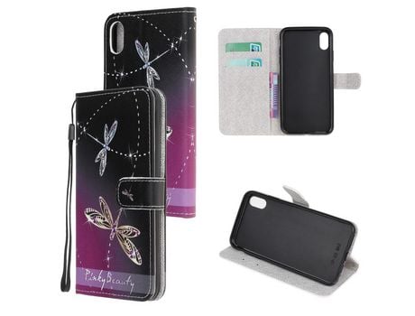 Carcasa PU textura cruzada estampada con suporte y bandolera libélula por Apple iPhone XR 6.1
