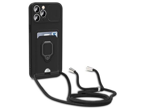 Funda TPU con suporte de pontapé ranhuras por tarjetas proteccion da lente da câmara y cable de segurança negro por iPhone 13 Pro 6.1