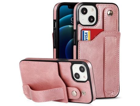 Funda TPU + PU Ocupación de cuadra RFID con muleta por pulseira y porta-tarjeta ouro rosa por iPhone 13 mini 5.4