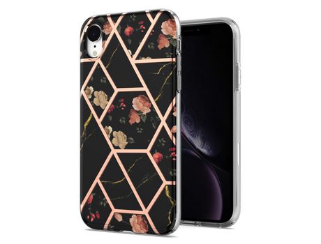 Funda TPU antirriscos por galvanoplastia de mármol Flores negras por iPhone XR 6.1