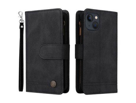 Funda PU patrón de listras con ranhuras por tarjetas y bolso con Cerrar de correr negro por iPhone 13 6.1