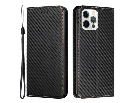 Funda PU textura de fibra de carbono con suporte magnético negro por iPhone 12/12 Pro 6.1