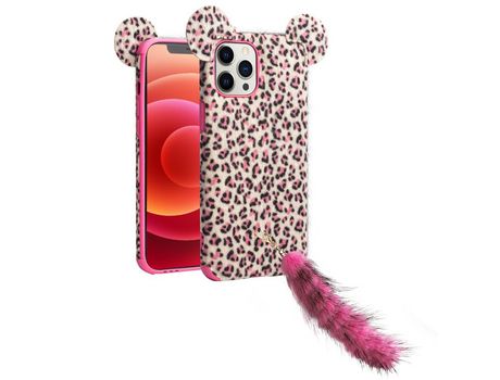Carcasa TPU piel de leopardo de felpa saburral con orelha y cauda de felpa rosa por Apple iPhone 12/12 Pro