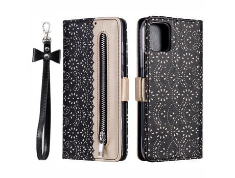 Funda PU + TPU renda con zíper negro por iPhone 13 6.1