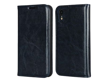 Carcasa de couro genuíno textura de caballo louco azul por Apple iPhone XR 6.1