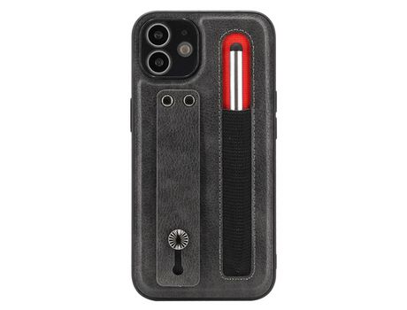 Funda TPU + PU a prueba de choques con suporte de pontapé de correia de mano con ranhura por caneta cinza por iPhone 12 6.1