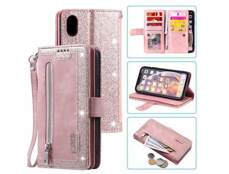 Carcasa PU estante con 9 titulares de tarjeta y bandolera rosa por Apple iPhone X/XS 5.8